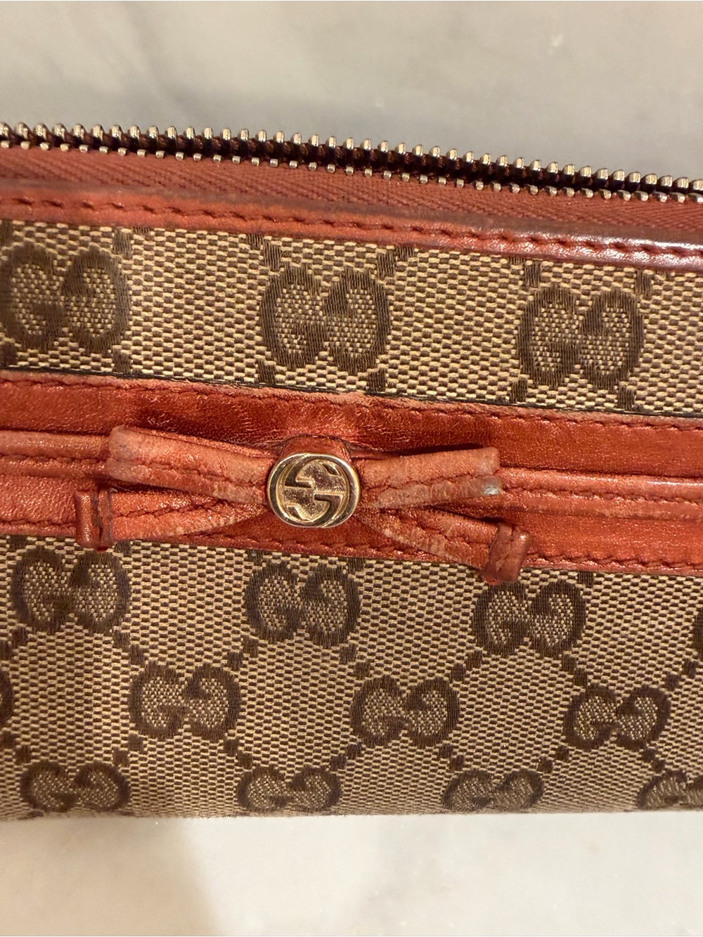 Gucci GG Beige Brown Monogram Continental Wallet with Rust Leather Trim